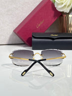 Cartier eyeglasses with black frame and gold-tone accents, gray tinted lenses