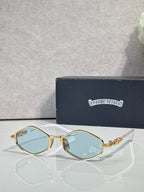 Metal round sunglasses with gold frame and light blue lenses