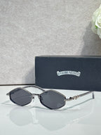 Metal round sunglasses with dark frame and smoky gray lenses
