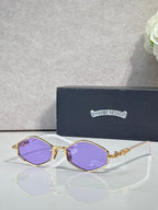 Metal round sunglasses with gold frame and purple lenses