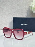 Square acetate sunglasses, burgundy frame with pink tint lenses and Chanel logo