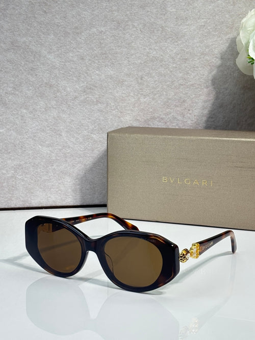 Bvlgari sunglasses with dark lenses and black round frames, tortoiseshell temple arms
