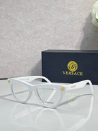Versace optical glasses, white frame with gold logo details, clear lenses.