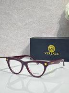 Versace optical glasses, burgundy frame with gold logo accents, clear lenses.
