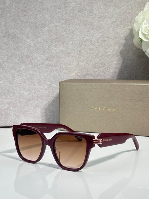 Maroon square sunglasses with gradient lenses and BVLGARI logo on temples
