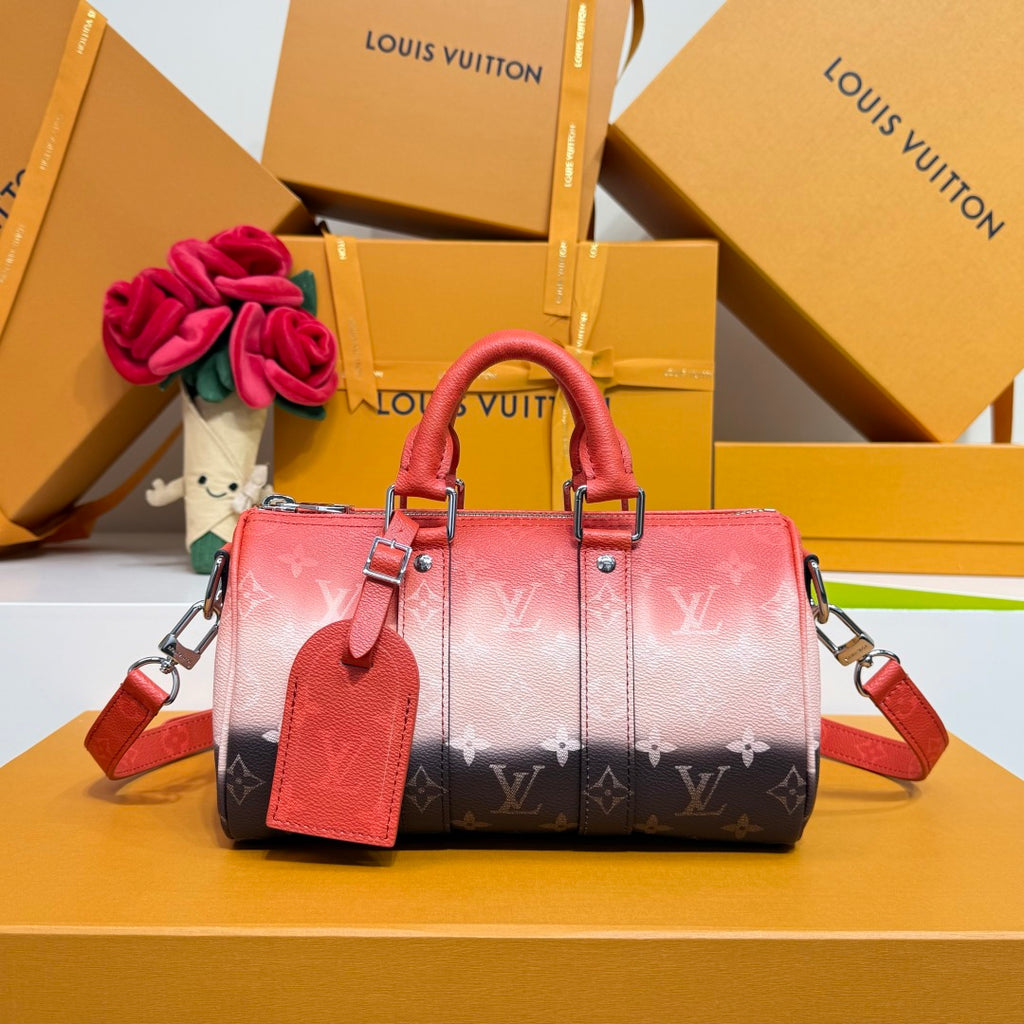 Louis Vuitton monogram handbag in pink-to-brown gradient with top handles and shoulder strap