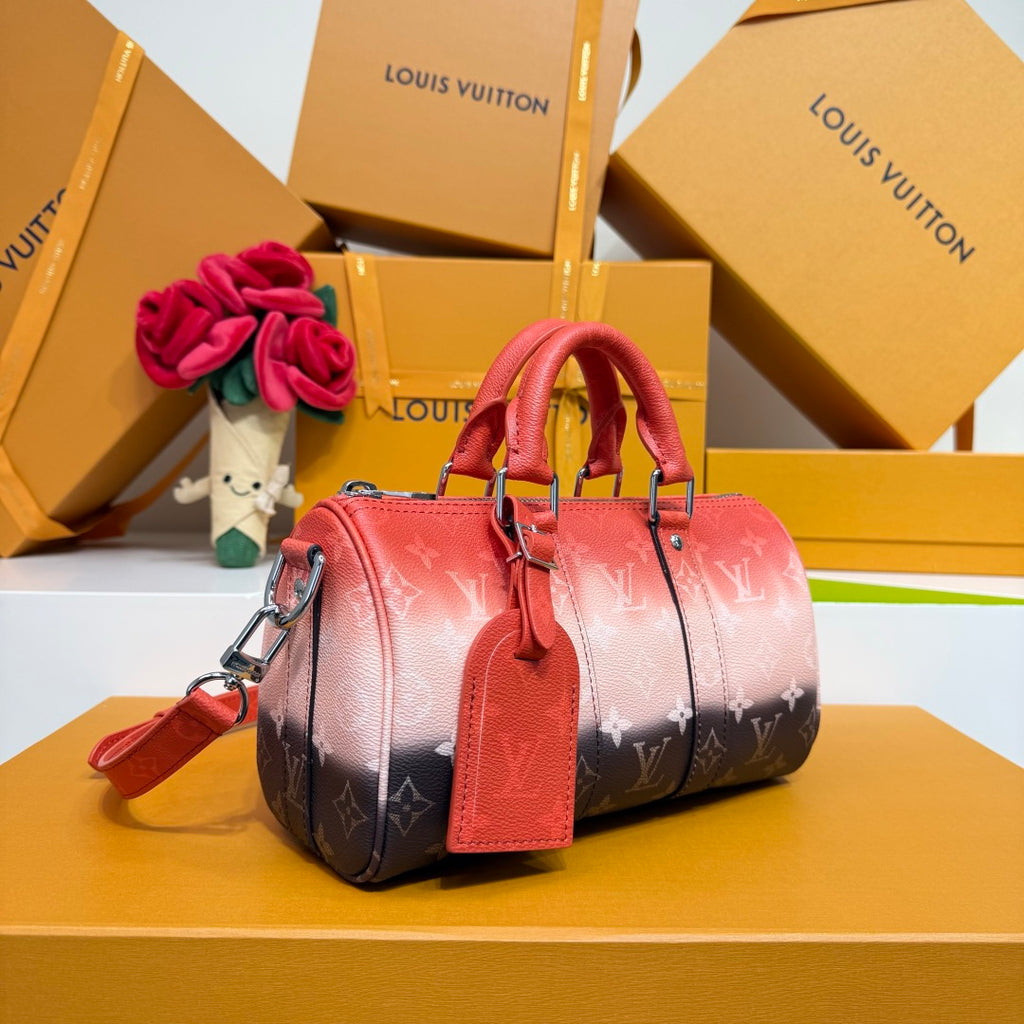 Louis Vuitton monogram handbag with pink gradient, front tab, and crossbody strap