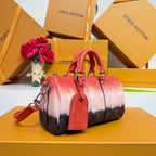 Louis Vuitton monogram handbag with pink gradient, front tab, and crossbody strap