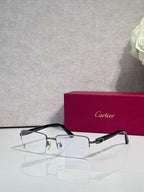 Cartier glasses with black frame and clear rectangular lenses, slim metal temples