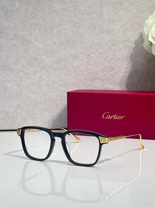 Blue rectangular eyeglasses with clear lenses and gold temple details