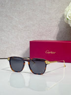Blue square eyeglasses with dark tinted lenses and gold accents