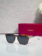 Dark tortoiseshell and blue eyeglasses with gray lenses and gold-tone temple details.