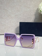 Sunglasses with lavender square frames and purple tinted lenses