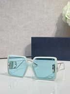Sunglasses with light blue square frames and blue tinted lenses