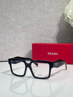 Prada rectangular eyeglasses with black frames and clear lenses