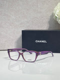 Purple and dark eyeglasses frame with square lenses and CHANEL logo on temple.
