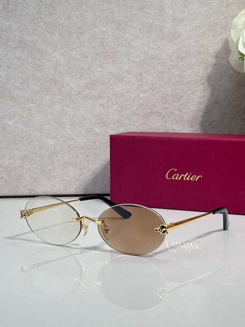 Cartier round sunglasses with clear frames, gold temples, dark lenses