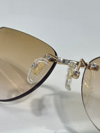 Sunglasses close-up: gold hinge with dark lens and clear lens holder