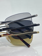 Sunglasses side view: silver frame with dark lens and gold accent temple tips