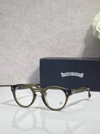 Olive round eyeglasses with gold-tone detailing and clear lenses