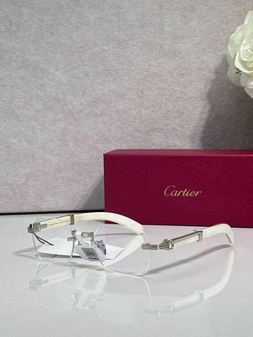 Eyeglasses with clear lenses and silver metal frame, white temple arms