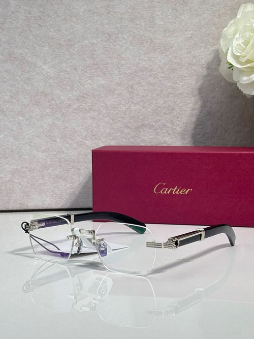 Eyeglasses with clear lenses and silver metal frame, dark top bar accent