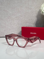 Pink square eyeglasses with translucent arms and clear lenses, Prada logo