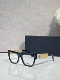 Dior eyeglasses with black square frames and gold textured temple detail