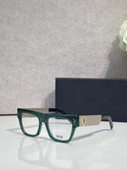 Dior eyeglasses with green square frames and gold textured temple detail