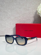 YSL rectangular sunglasses with dark blue frames and tinted lenses