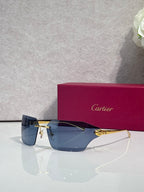 Cartier sunglasses close-up of gold hinge hardware and dark blue lens