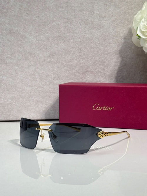 Cartier square sunglasses with dark lenses and gold-tone frame, front view
