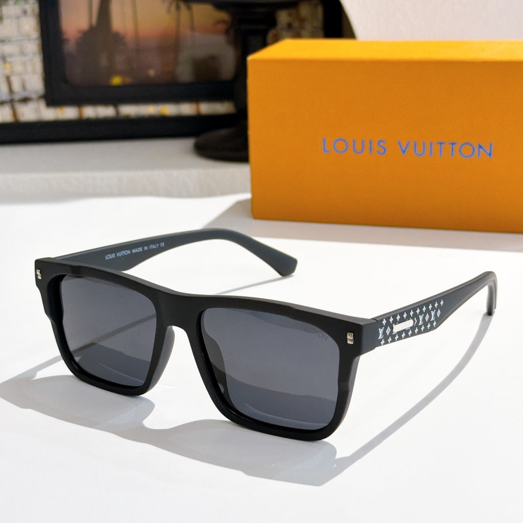 Louis Vuitton sunglasses with dark lenses and black square frames, patterned temples.