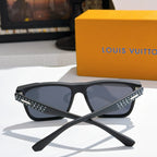 Louis Vuitton sunglasses with dark lenses and navy square frames, patterned temple band.