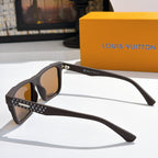 Louis Vuitton sunglasses side view with dark frames, patterned temple band, hinged arms.