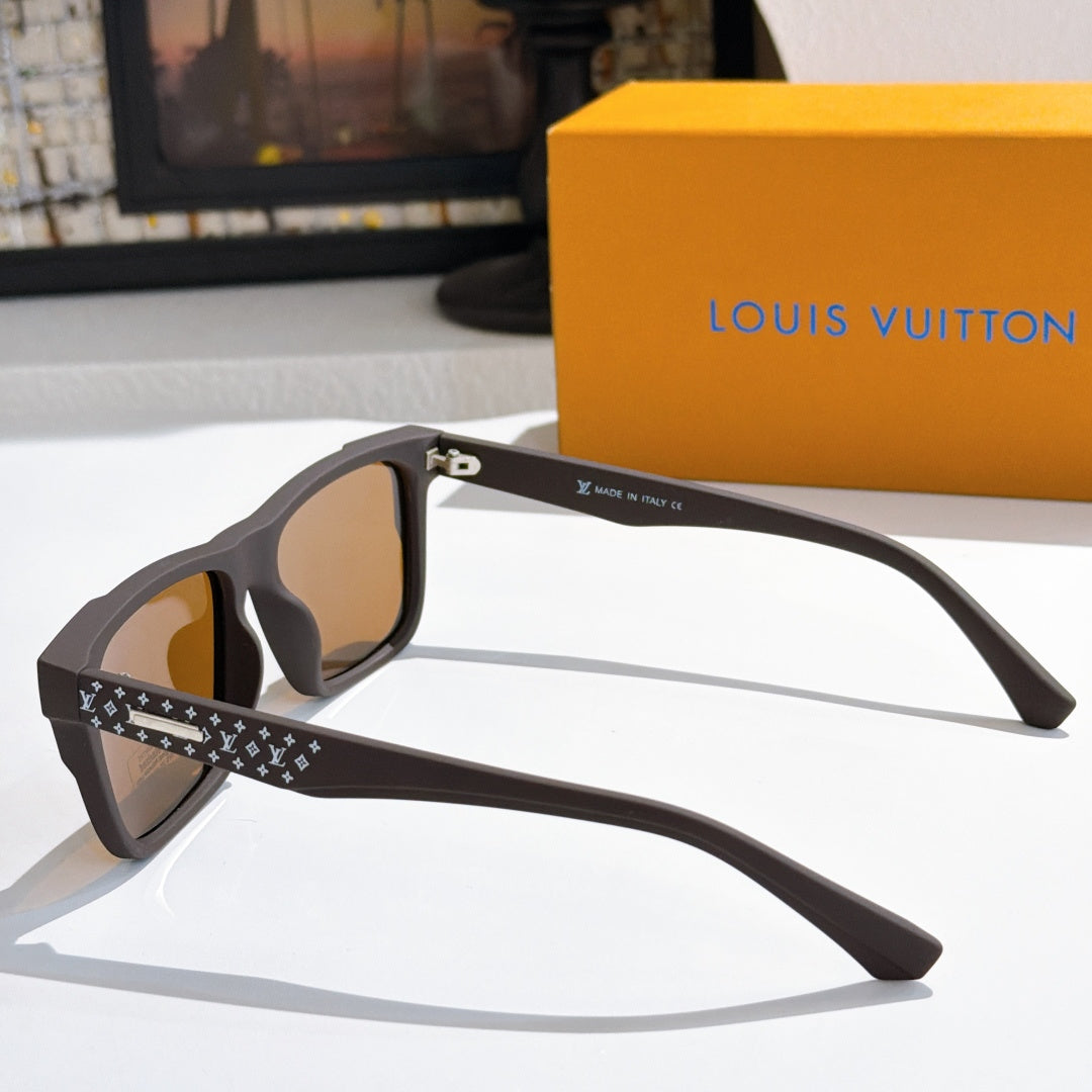 Louis Vuitton sunglasses side view with dark frames, patterned temple band, hinged arms.