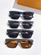 Louis Vuitton sunglasses set of four pairs, stacked; blue, gray, black, and amber lenses.