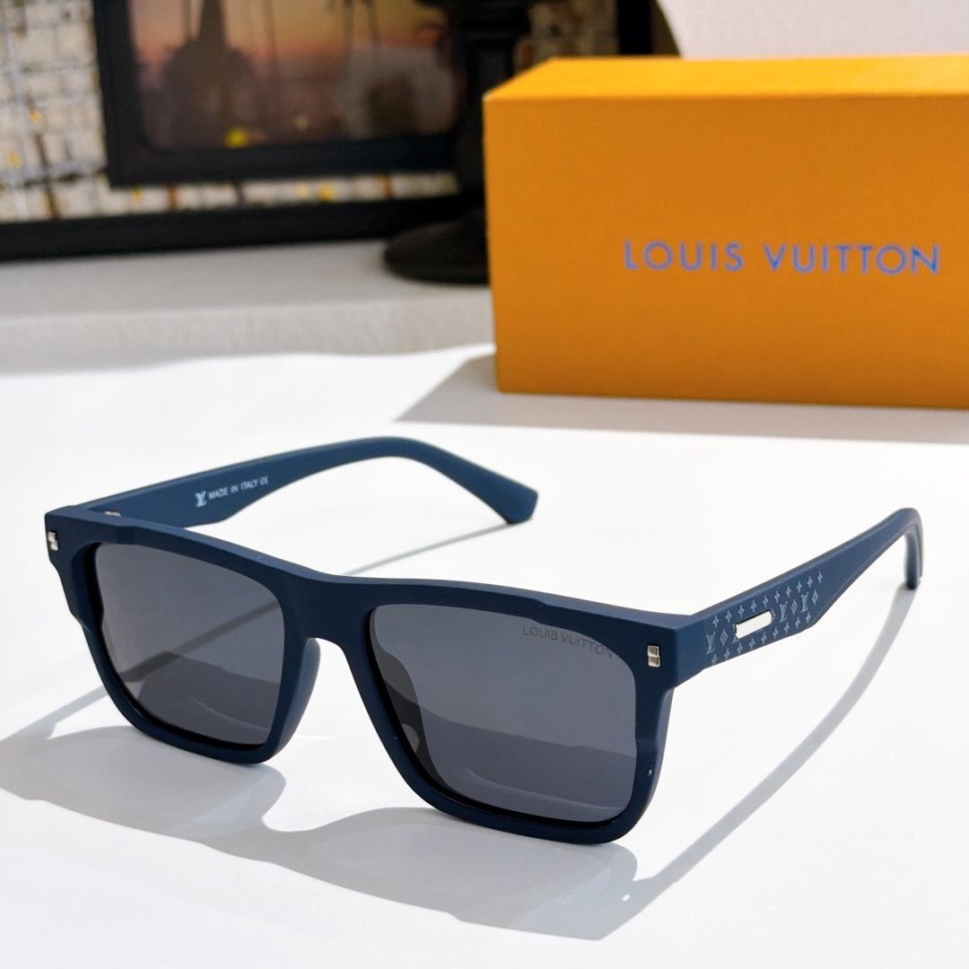 Louis Vuitton sunglasses with dark lenses and blue square frames, logo on temples.