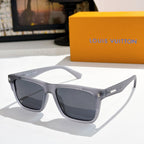 Louis Vuitton sunglasses with dark lenses and light gray square frames, logo on temples.