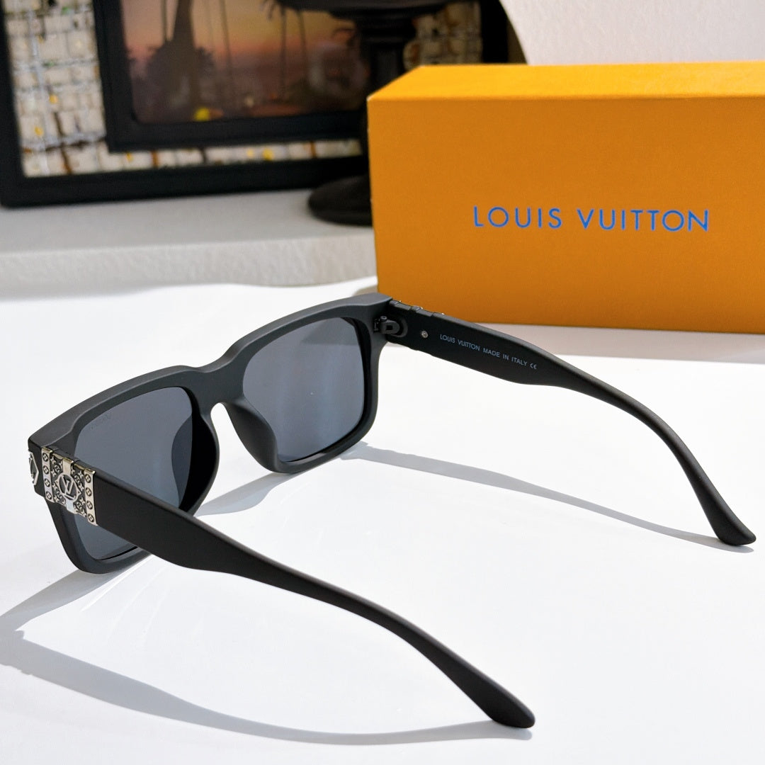Louis Vuitton sunglasses side view with black frame and dark lenses; curved temple silhouette.