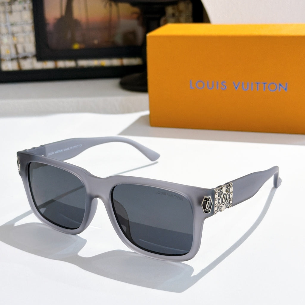 Louis Vuitton sunglasses with gray frame, dark lenses, logo-pattern temple detail.
