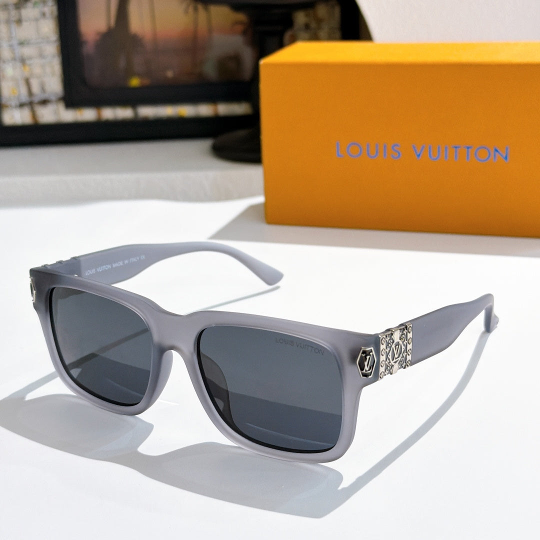 Louis Vuitton sunglasses with gray frame, dark lenses, logo-pattern temple detail.