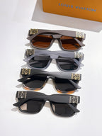 Set of Louis Vuitton sunglasses with mixed frames and patterned temple bands, stacked together.