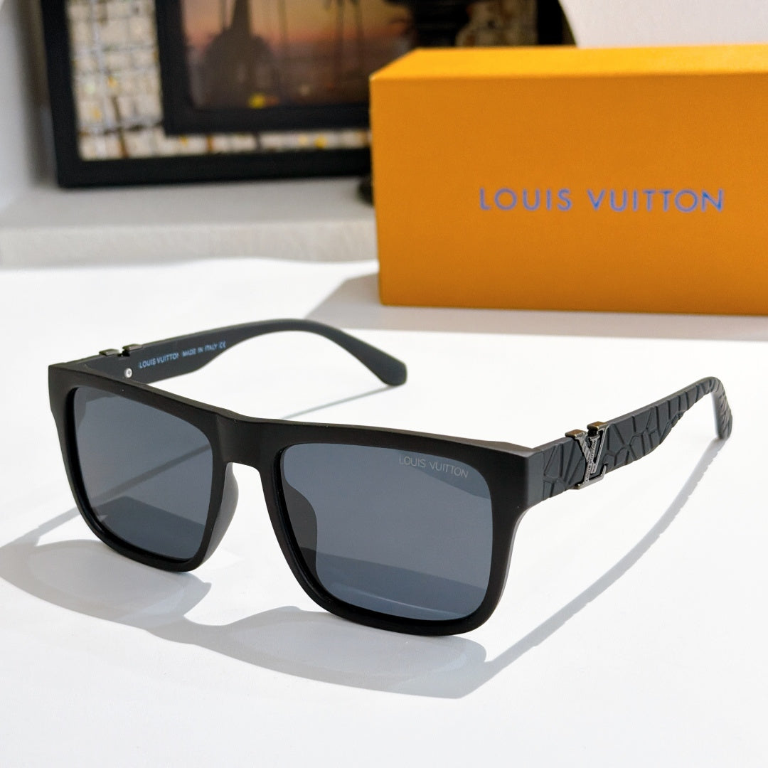 Louis Vuitton sunglasses with black frame, dark lenses, and dark textured patterned arms