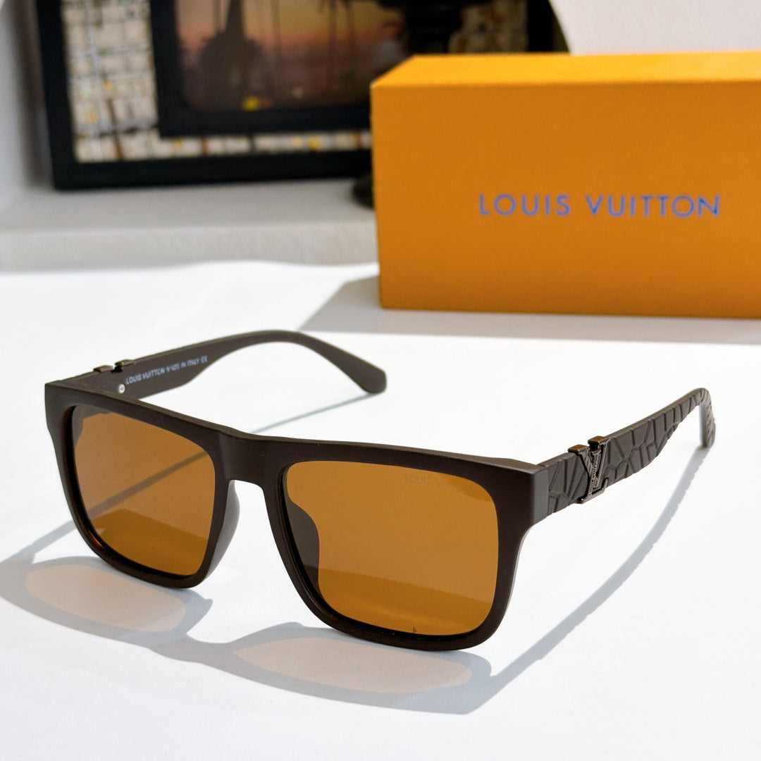 Louis Vuitton sunglasses with dark frame, amber lenses, and textured patterned arms