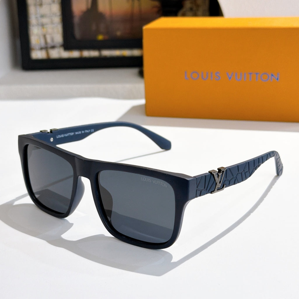 Louis Vuitton sunglasses with black frame, dark lenses, and navy patterned arms
