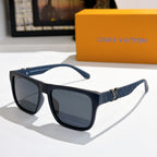 Louis Vuitton sunglasses with black frame, dark lenses, and navy patterned arms