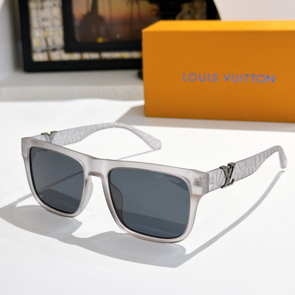 Louis Vuitton sunglasses with light silver frame, dark lenses, and white patterned arms