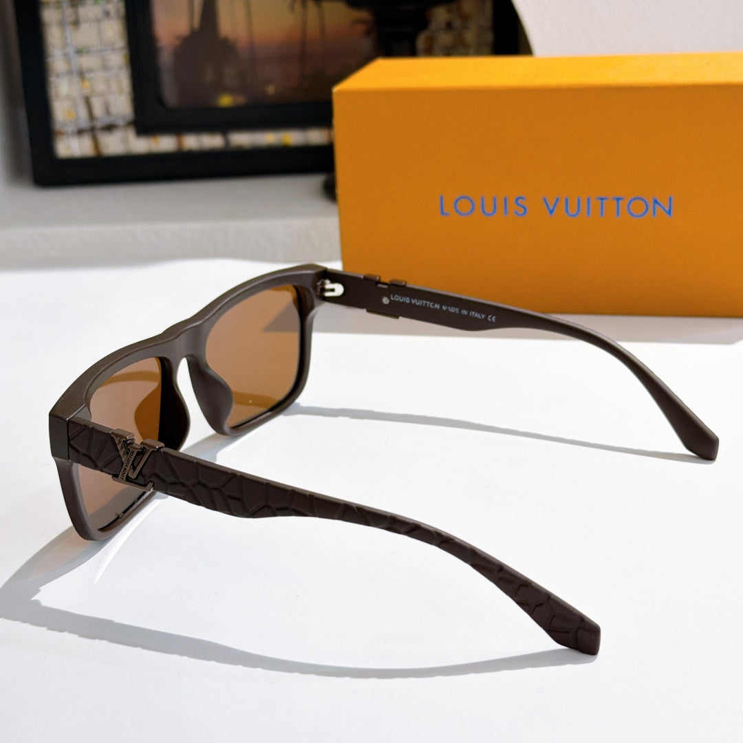Louis Vuitton sunglasses side view with dark frame and amber lenses, textured patterned arms
