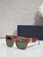 Dior glasses with burgundy frames, gold emblem on temple, and green lenses